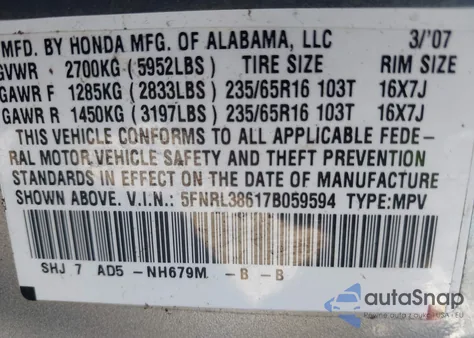 2007 Honda Odyssey Ex-L из США, поврежденный, VIN 5FNRL38617B059594